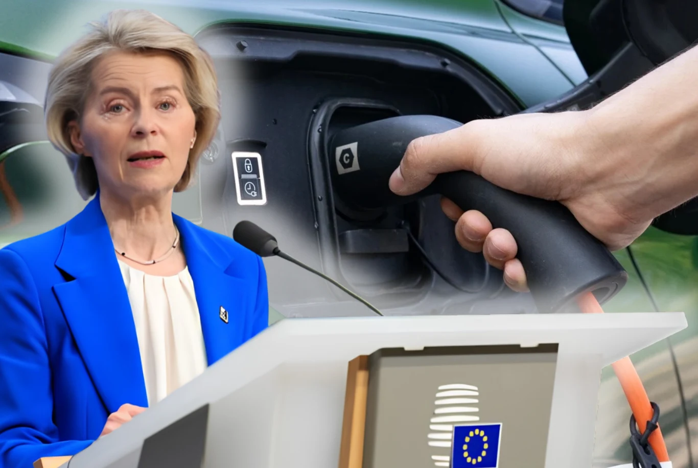 Unijni Komisarze mają dość służbowych aut elektrycznych. Tracą czas na ładowarkach Ursula von den Leyen w niebieskiej marynarce przy mównicy z symbolem UE, w tle ładowanie auta elektrycznego.