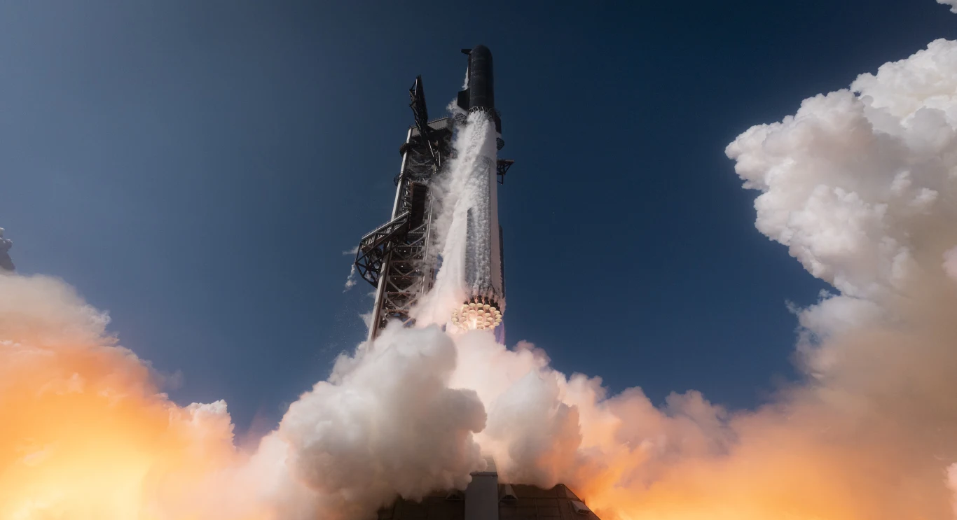 Starship uziemiony przez FAA. SpaceX ma problemy. Rakieta Starship wznosząca się w powietrze, otoczona parą i płomieniami silników na tle nieba.