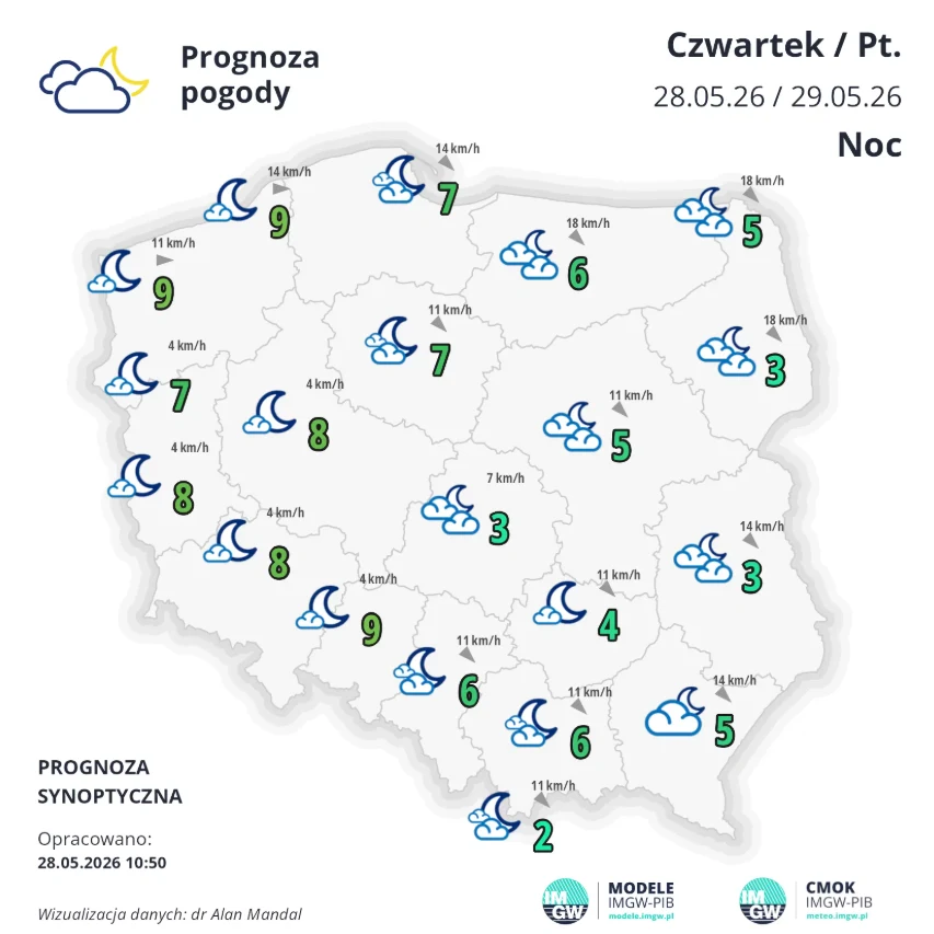 W nocy będzie dosyć chłodno Mapa Polski z prognozą pogody na noc z 28 na 29 maja 2026, pokazująca przeważnie bezchmurne niebo lub niewielkie zachmurzenie, temperatury od 5°C do 9°C i kierunki oraz prędkość wiatru oznaczone na większości regionów.