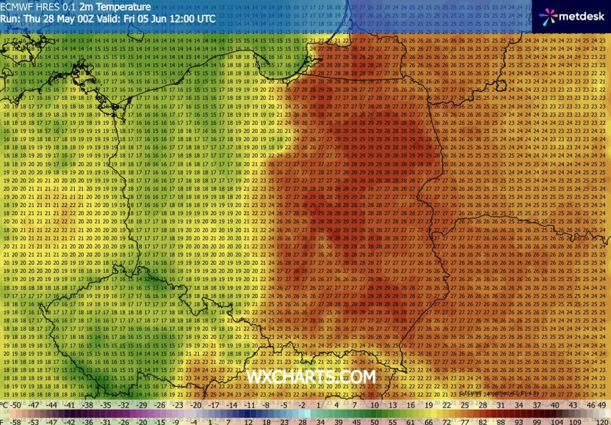 Kolorowa mapa Europy Środkowej z gradientem temperatur, gdzie wschodnia część Polski oraz zachodnia Białoruś i Ukraina pozostają w strefie najcieplejszych odcieni czerwieni i pomarańczu, natomiast na zachodzie dominuje zielona i żółta paleta sugerująca...