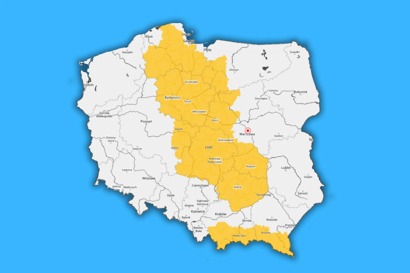 Mapa Polski z zaznaczonymi na żółto centralnymi województwami oraz miastem Warszawa oznaczonym czerwoną kropką.