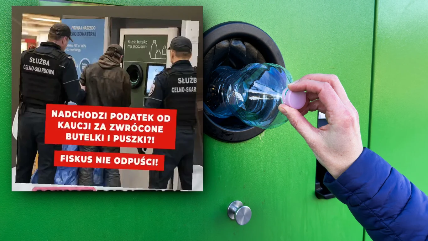 Najnowszy przykład dezinformacji ws. systemu kaucyjnego - internet zalała fala filmów, grafik i wpisów, że za zwrócone butelki trzeba zapłacić podatek Osoba w niebieskiej kurtce wkłada plastikową butelkę do automatu przyjmującego opakowania, a po lewej stronie widnieje grafika z obwieszczeniem o nadchodzącym podatku od kaucji, pokazująca funkcjonariuszy służby celno-skarbowej stojących przy innym aut...