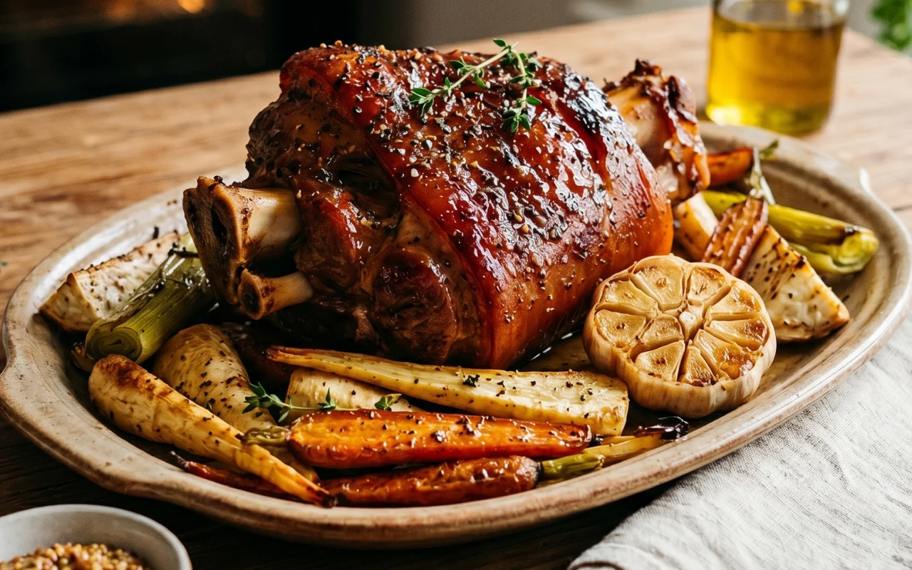 Pieczona golonka wieprzowa z włoszczyzną, miodem i wanilią Pieczona golonka wieprzowa podana z opieczonym czosnkiem, marchewkami, pietruszką i przyprawami, ułożona na dużym półmisku.