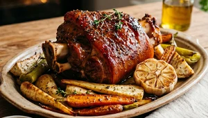 Pieczona golonka wieprzowa z włoszczyzną, miodem i wanilią