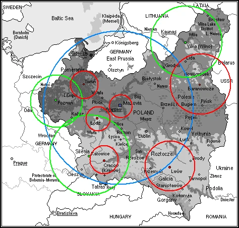 Zasięg rozgłośni Polskiego Radia (stan na 31 sierpnia 1939)