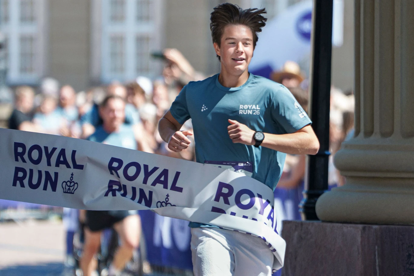 Prince Vincent of Denmark crosses the finish line in the One mile at the Royal Run race in Copenhangen, Denmark, on May 25, 2026. Royal Run takes place in several cities across the country and has more than 112,000 participants. (Photo by Liselotte Sabroe