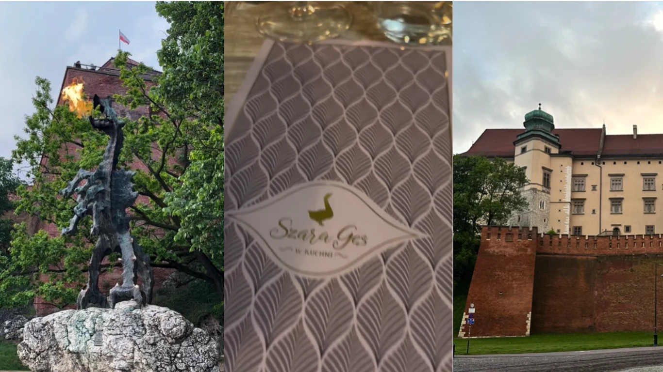Rzeźba ziejącego ogniem smoka pod Wawelem, okładka menu restauracji Szara Gęś oraz fragment murów i zabudowań Zamku Królewskiego na Wawelu w Krakowie.