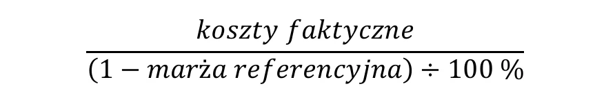 Wzór matematyczny przedstawiający iloraz kosztów faktycznych oraz wyrażenia związanego z marżą referencyjną pomniejszoną o jeden, a następnie podzielony przez 100%.
