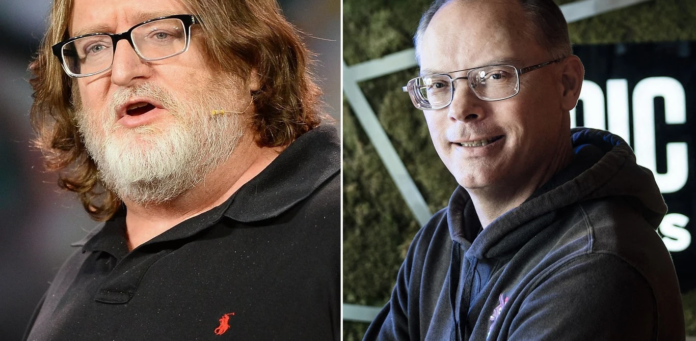 Gabe Newell i Tim Sweeney Gabe Newell i Tim Sweeney na podzielonym ekranie, obaj w okularach; Newell w czarnej koszulce, Sweeney w ciemnej bluzie na tle napisu 'EPIC'.