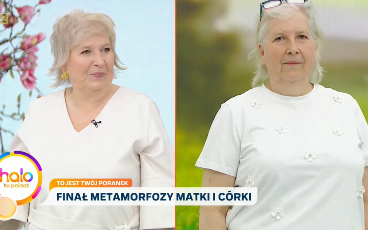Dwie starsze kobiety ubrane na biało stojące obok siebie, obie z jasnymi włosami, jedna z nich ma okulary na głowie, a między nimi widnieje pasek z napisem 'Finał metamorfozy matki i córki'.