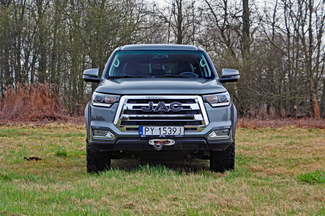 Szary pick-up marki JAC ustawiony przodem na trawiastym polu, otoczony drzewami bez liści w tle.