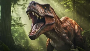 Rekonstrukcja tyranozaura w lesie późnej kredy. Rosły wtedy także liczne grzyby