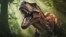 Rekonstrukcja tyranozaura w lesie późnej kredy. Rosły wtedy także liczne grzyby