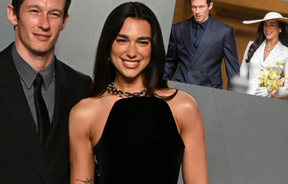 Dua Lipa wzięła ślub Uśmiechnięta kobieta w eleganckiej czarnej sukni stoi obok mężczyzny w garniturze, a w prawym górnym rogu widoczne jest wstawione zdjęcie tej samej pary ubraną oficjalnie, kobieta w białym kapeluszu i trzymająca bukiet kwiatów.