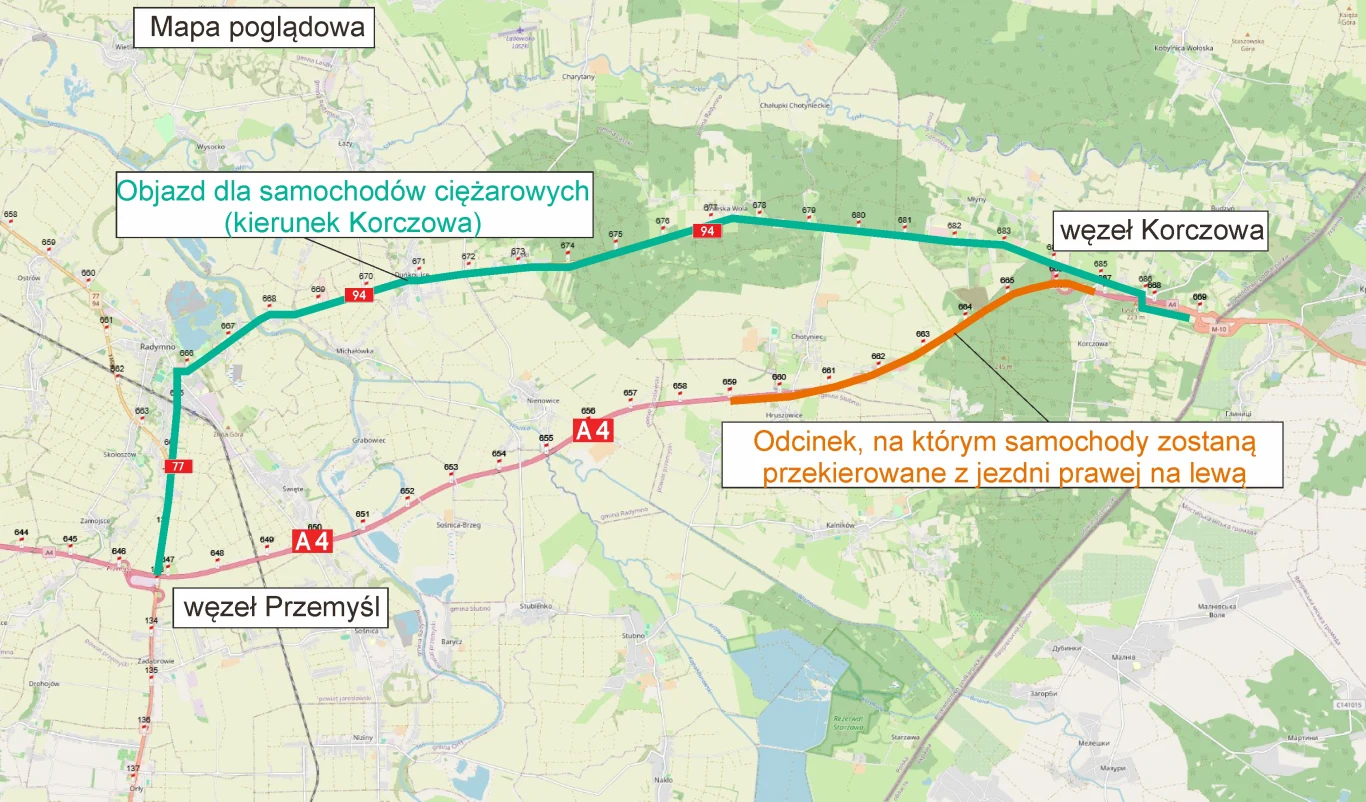 Mapa z zaznaczonym objazdem dla samochodów ciężarowych na trasie od węzła Przemyśl do węzła Korczowa oraz wyróżnionym odcinkiem, na którym ruch zostaje przekierowany z jezdni prawej na lewą.