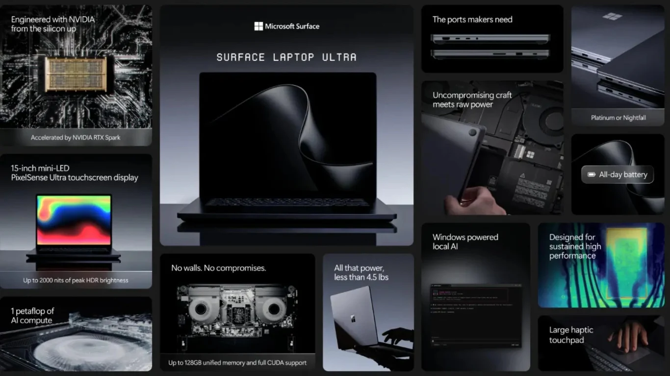 Laptop Microsoft Surface Laptop Ultra z nowoczesnym designem, wyświetlaczem LED PixelSense, mocnym procesorem NVIDIA, długim czasem pracy na baterii, dużym gładzikiem haptycznym, szybkim pamięciom i zaawansowanymi portami, zaprojektowany z myślą o wyda...