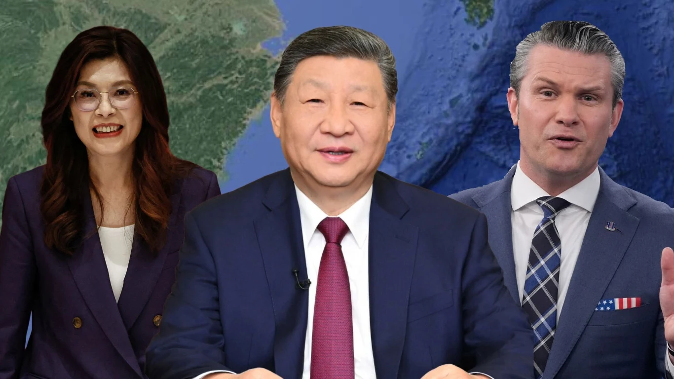 USA-Tajwan-Chiny. Nowa faza rywalizacji w Azji i Indo-Pacyfiku (zdj. ilustracyjne) Cheng Li-wun, Xi Jinping, Pete Hegseth na tle mapy satelitarnej symbolizującej relacje USA, Chin i Tajwanu.
