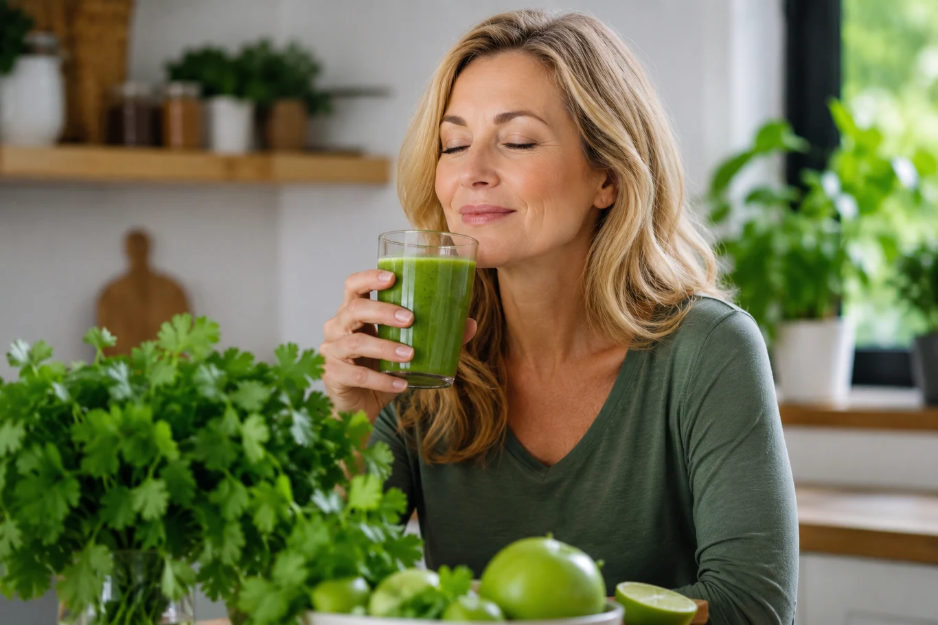 Kobieta z długimi blond włosami, uśmiechająca się z zamkniętymi oczami, delektuje się zielonym smoothie, otoczona świeżymi ziołami oraz zielonymi jabłkami na stole.