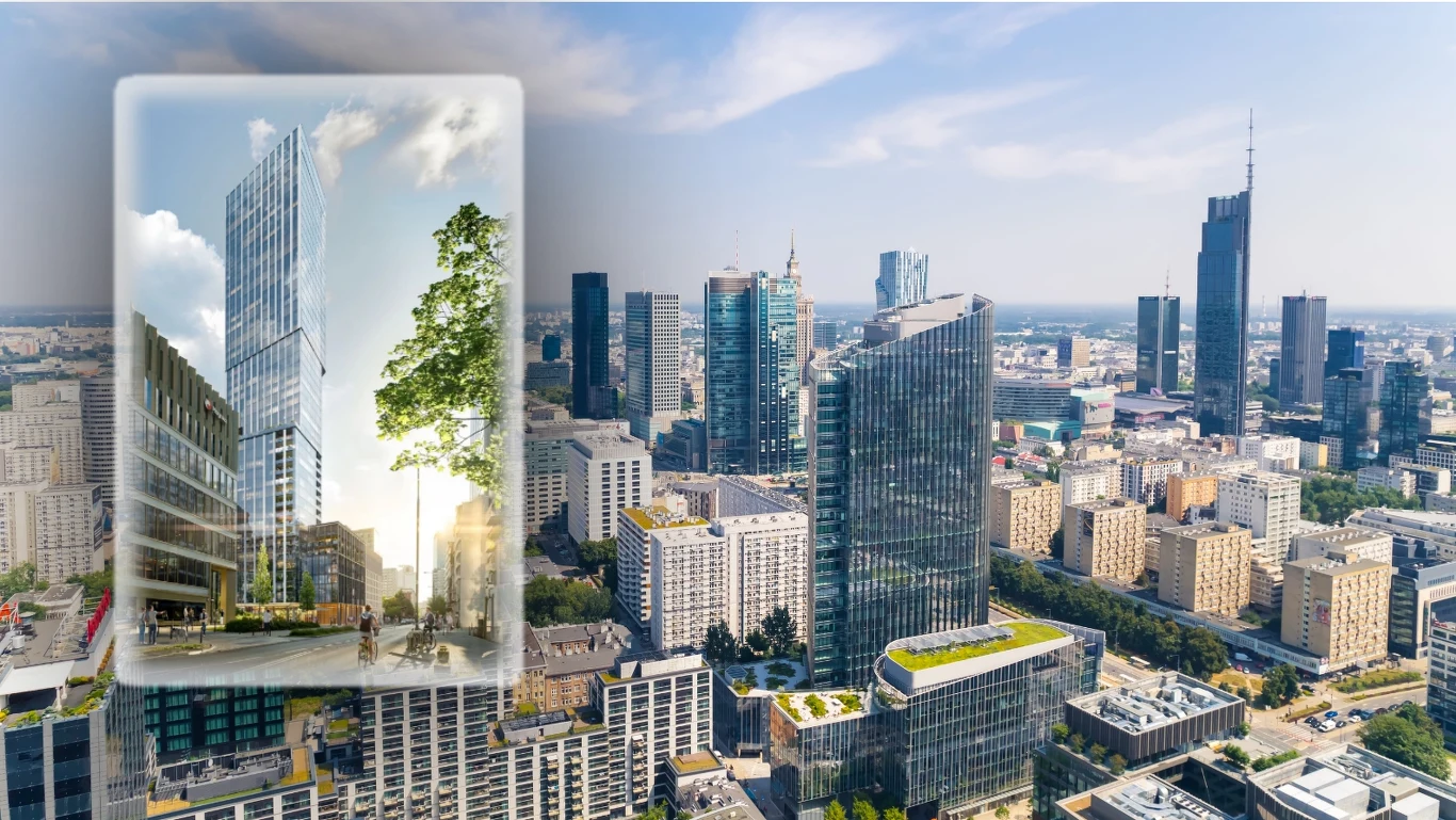 Liberty Tower rośnie w centrum Warszawy. Wieża osiągnie 140 metrów Wizualizacja Liberty Tower w centrum Warszawy, 140-metrowy budynek z elementami zieleni i otaczającą zabudową.