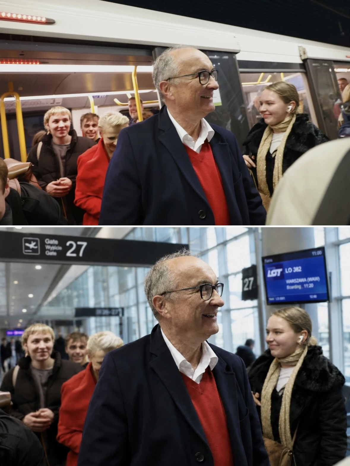 Które zdjęcie Włodzimierza Czarzastego jest prawdziwe? Uśmiechnięty mężczyzna w okularach i czerwonym swetrze pod granatowym płaszczem, otoczony przez grupę młodych ludzi na tle wnętrza pociągu oraz hali dworca z tablicami odjazdów.