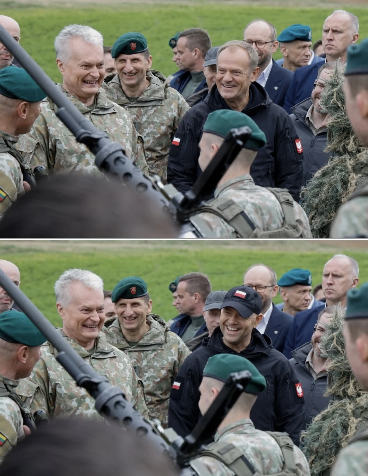 Z kim na zdjęciu naprawdę był prezydent Nauseda? Grupa wojskowych i mężczyzn w cywilnych ubraniach, uśmiechających się i stojących razem podczas spotkania na świeżym powietrzu, w otoczeniu żołnierzy w mundurach oraz sprzętu wojskowego.
