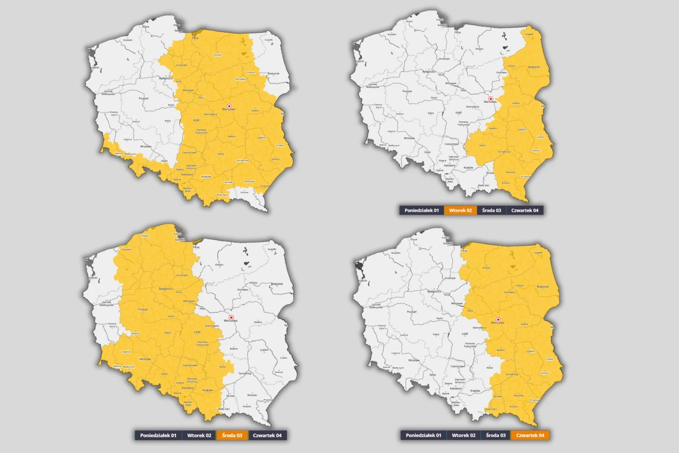 Cztery mapy Polski z wyraźnie zaznaczonymi żółtymi obszarami w różnych konfiguracjach, podzielone według województw i oznaczone legendą dotyczącą poziomu ostrzeżeń pogodowych.