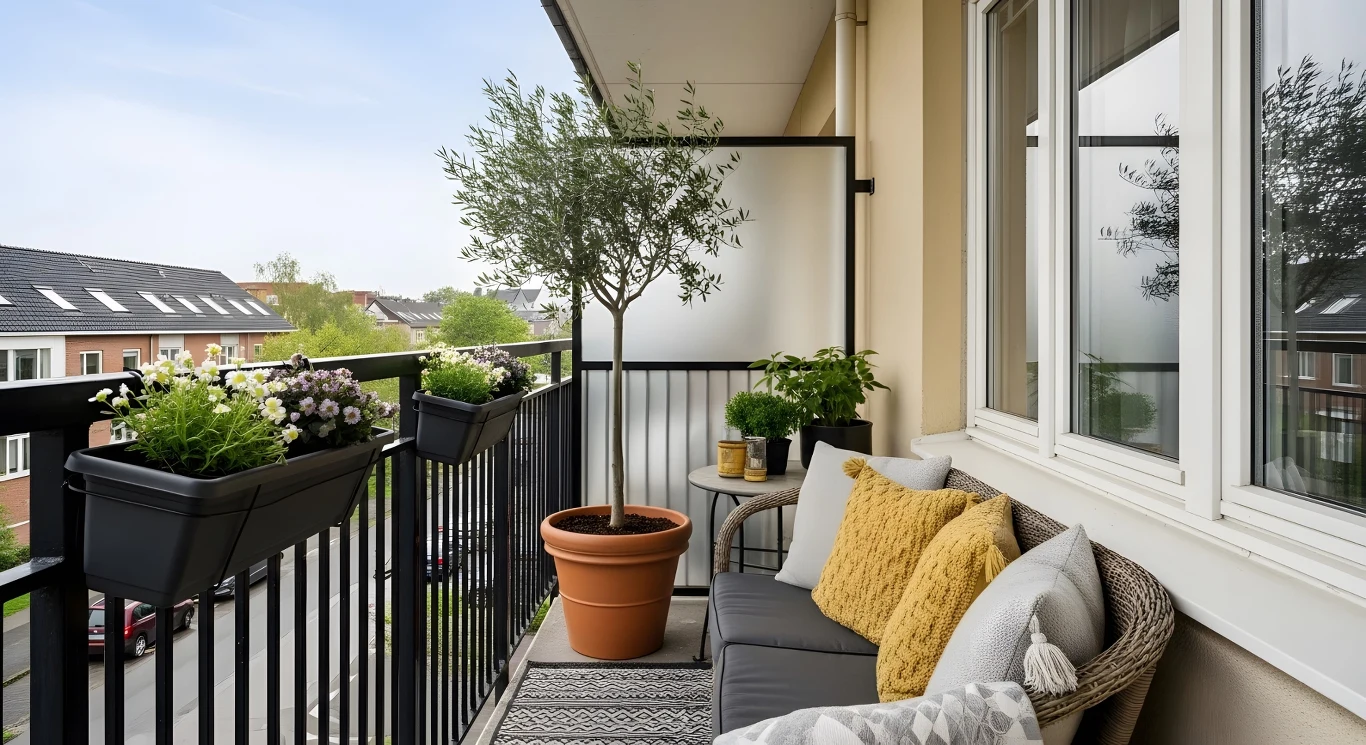 Przestronny balkon z wygodną sofą ozdobioną żółtymi i szarymi poduszkami, doniczkowy oliwnik oraz rośliny w czarnych skrzynkach na balustradzie.