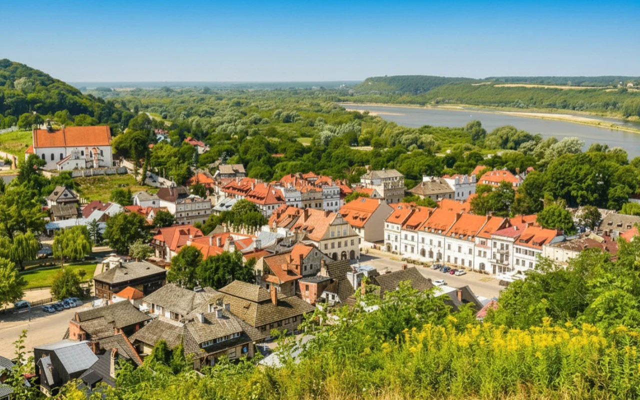 Kazimierz Dolny ma wiele pięknych punktów widokowych Kolorowe dachy kamienic otoczone zielenią, otwarta przestrzeń rynku oraz widoczny kościół, a w tle szeroka rzeka wijąca się przez malowniczy krajobraz.