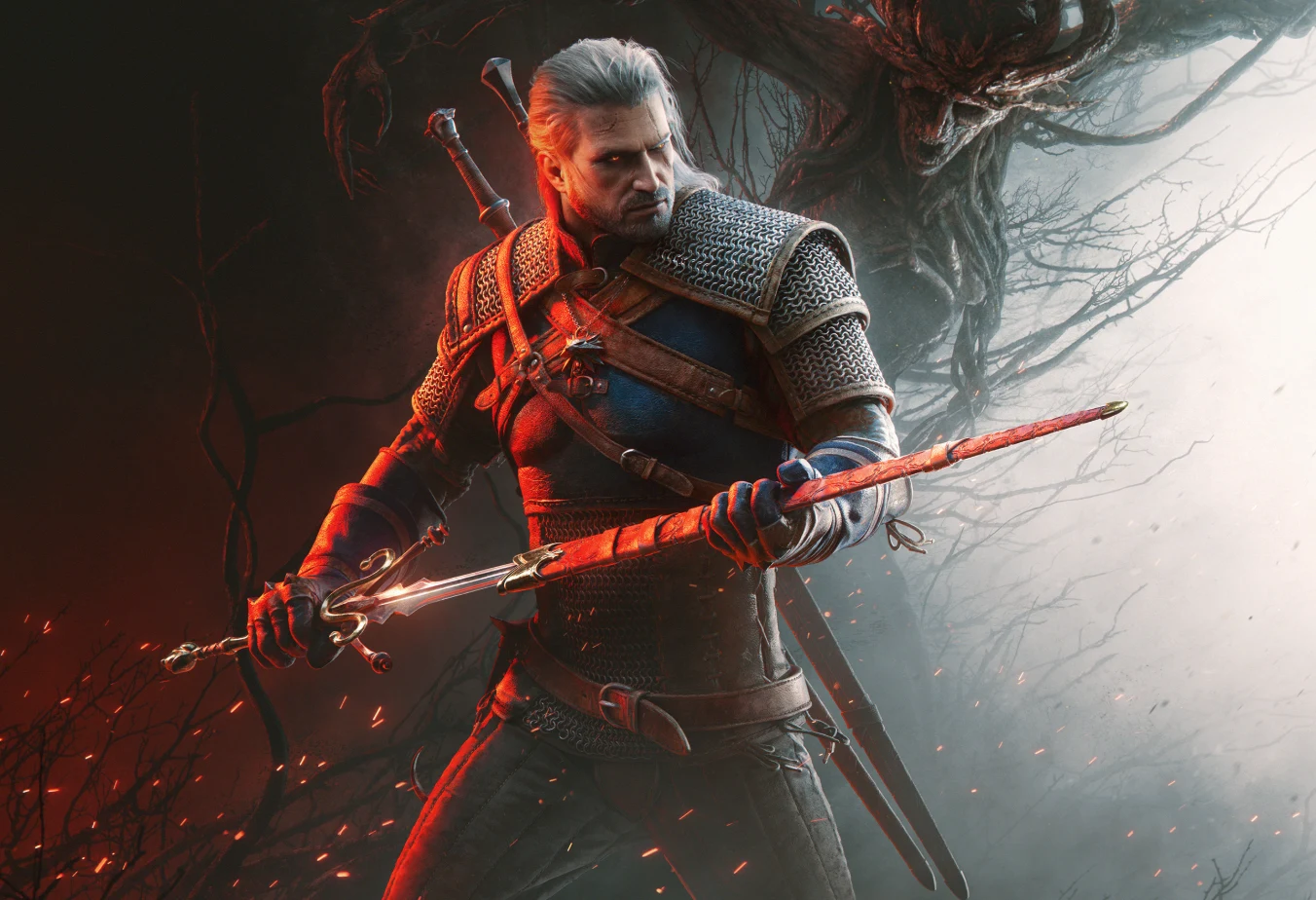 Wiedźmin 3: Pieśni Przeszłości Geralt z Rivii w skórzanej zbroi z długim mieczem na tle ciemnych gałęzi i czerwonego światła.