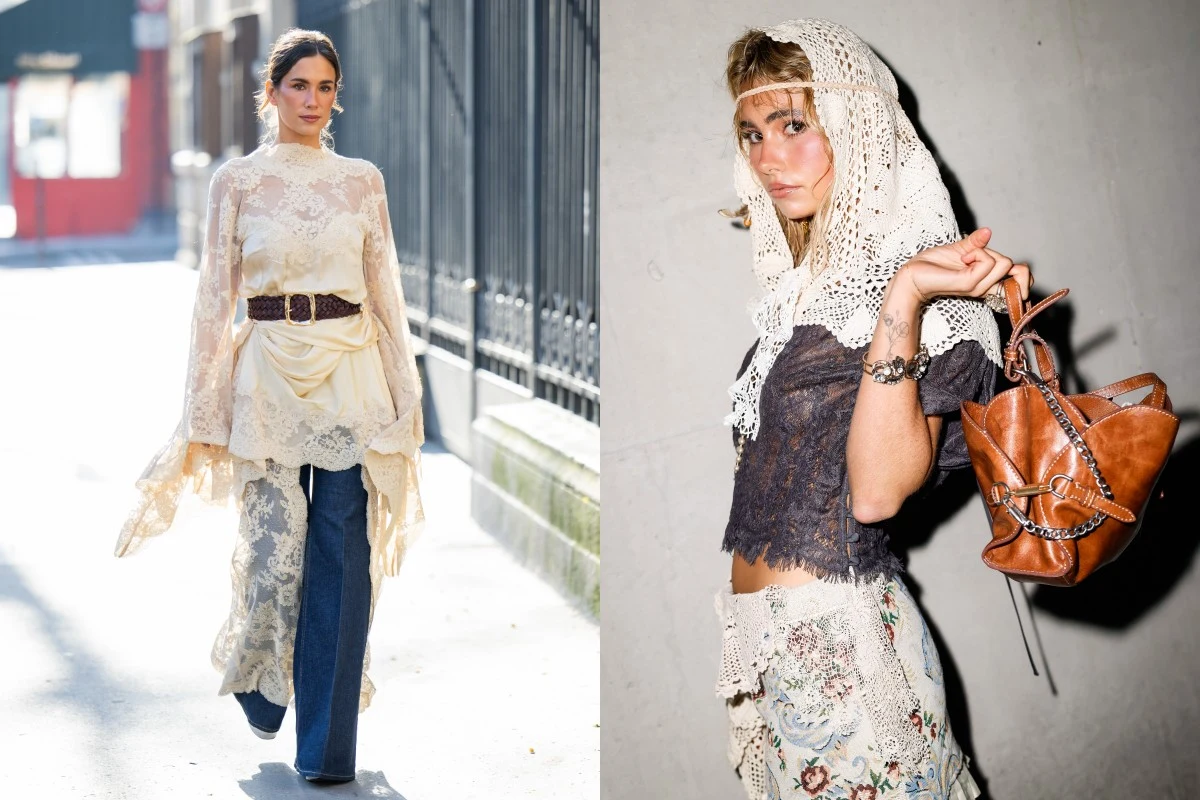 Jak nosić koronkę w sezonie wiosna-lato 2026. Fot. Hanna Lassen/Getty Images for Charles + Keith, Christian Vierig Dwie kobiety w stylizacjach boho, pierwsza w kremowej koronkowej tunice z szerokim paskiem i niebieskich dżinsach, druga w koronkowej chuście na głowie, ciemnej bluzce oraz spodniach z koronkowym wzorem i brązową torebką na ramieniu.