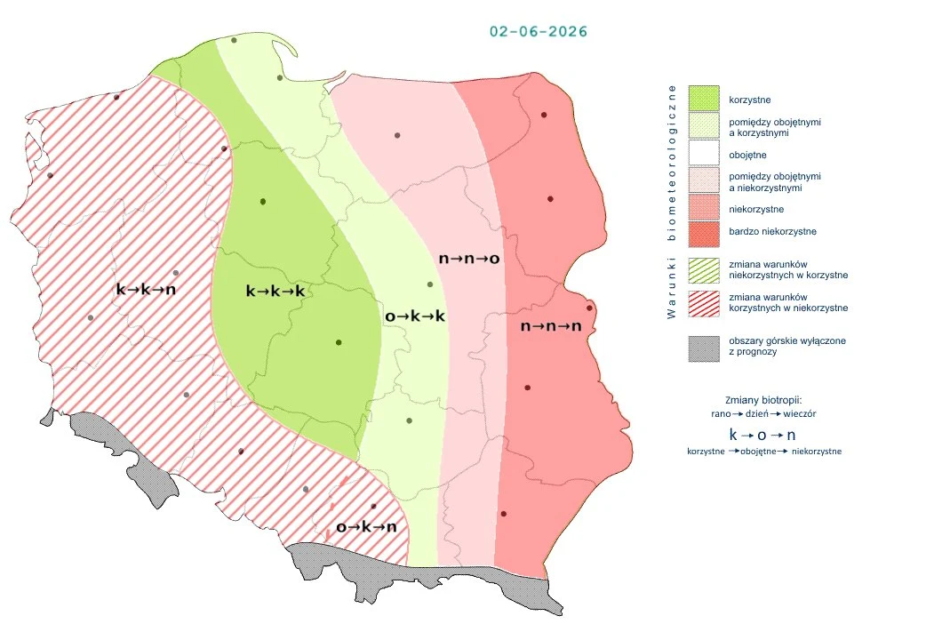 Mapa Polski z wyraźnie zaznaczonymi strefami biometeorologicznymi w różnych kolorach, ukazująca obszary korzystne, niekorzystne oraz przejściowe dla samopoczucia, z symbolami informującymi o zalecanych środkach ostrożności oraz rodzajach zmian biologic...