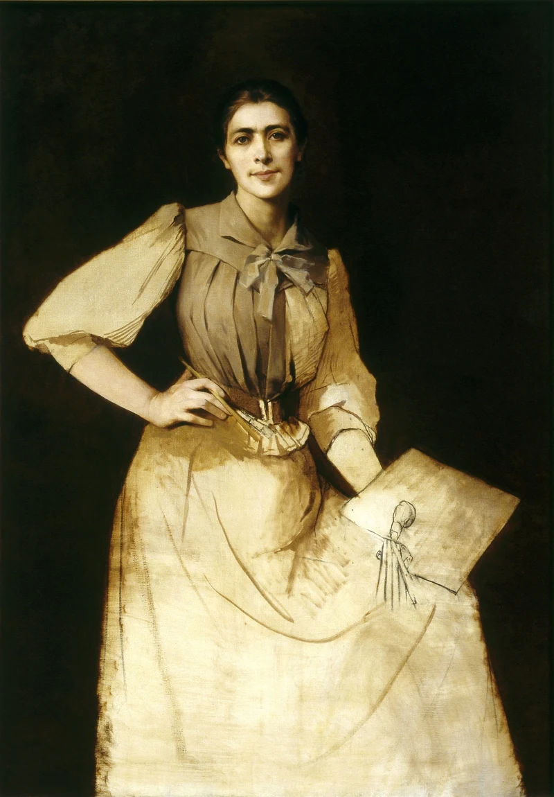 Anna Bilińska-Bohdanowiczowa , Autoportret niedokończony, 1892, Muzeum Narodowe w Warszawie Kobieta w jasnej sukni z kokardą, trzymająca dużą kopertę przewiązaną sznurkiem, patrząca z lekkim uśmiechem w stronę widza.