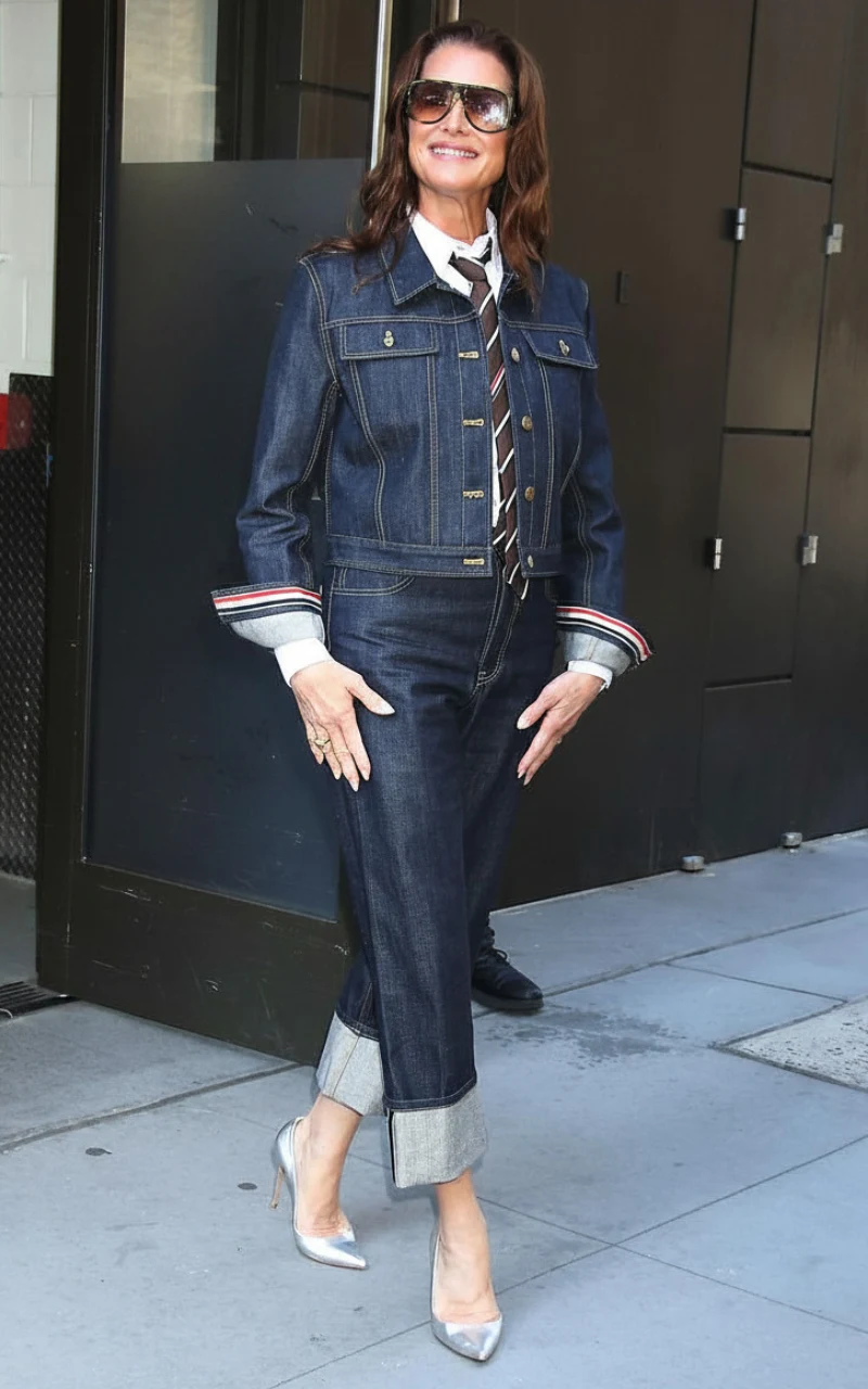 Brooke Shields Kobieta w ciemnoniebieskim, dżinsowym kombinezonie z podwiniętymi nogawkami, białą koszulą, krawatem w paski i srebrnymi szpilkami, uśmiecha się w okularach przeciwsłonecznych stojąc na chodniku.
