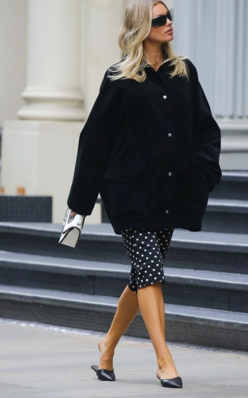 Kobieta w okularach przeciwsłonecznych ubrana w oversize'ową czarną kurtkę, spódnicę w białe grochy i czarne buty na niskim obcasie, trzymająca modną srebrną torebkę, idzie chodnikiem miejskim.