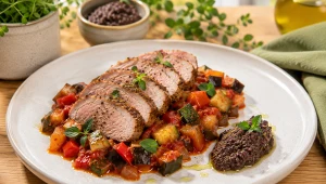 Polędwiczka wieprzowa z ratatouille i tapenadą z czarnych oliwek