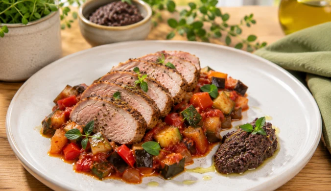 Polędwiczka wieprzowa z ratatouille i tapenadą z czarnych oliwek
