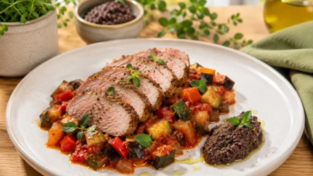 Polędwiczka wieprzowa z ratatouille i tapenadą z czarnych oliwek