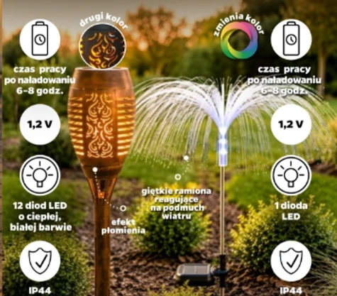Dwie ogrodowe lampy solarne: po lewej lampa z efektem płomienia i dwunastoma ciepłymi diodami LED, po prawej lampa imitująca fontannę z giętkimi ramionami oraz jedną diodą LED zmieniającą kolor; obie zasilane energią słoneczną i odporne na warunki atmo...