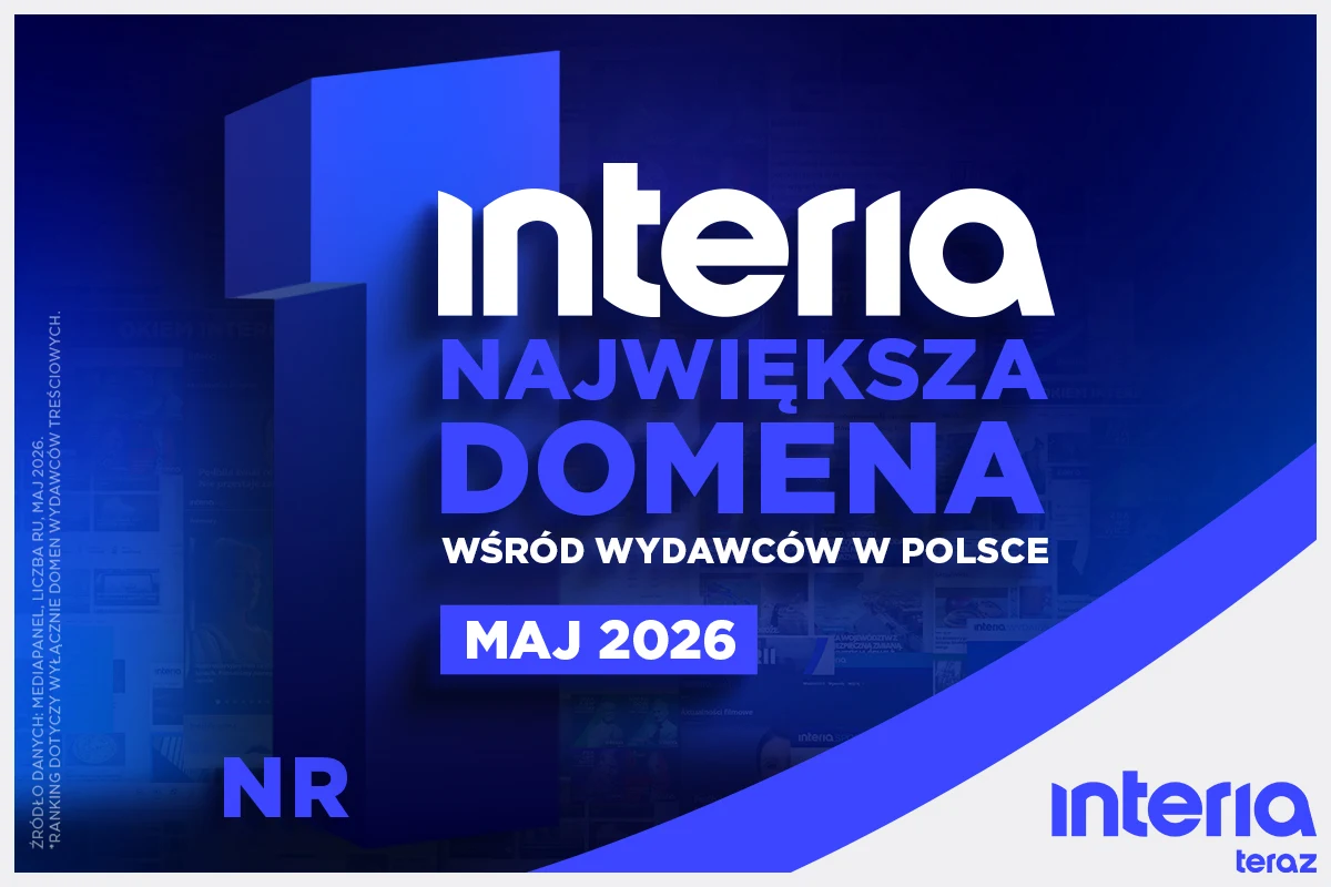 Grafika z dużym numerem jeden, logotypem interia oraz informacją, że w maju 2026 roku interia jest największą domeną wśród wydawców w Polsce, utrzymana w odcieniach niebieskiego i bieli, z widocznym napisem 'MAJ 2026' i logotypem 'interia teraz' w praw...