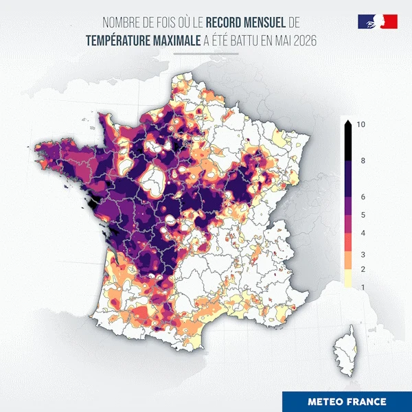 Mapa Francji z kolorowym oznaczeniem regionów, gdzie w maju 2026 roku najczęściej padły miesięczne rekordy maksymalnej temperatury, z przewagą ciemnych odcieni fioletu i różu w centralnej i północno-zachodniej części kraju.