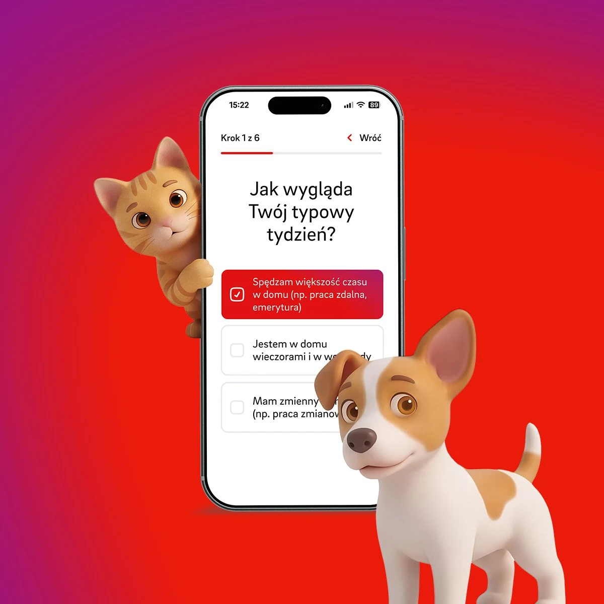 Ilustrowany kot i pies towarzyszący dużemu smartfonowi z widocznym pytaniem o tygodniowy tryb życia i zaznaczoną odpowiedzią dotyczącą spędzania większości czasu w domu.
