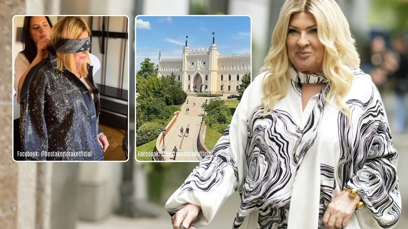 Kobieta z długimi blond włosami w jasnej, wzorzystej bluzce pozuje na zewnątrz; w lewym górnym rogu widoczna jest scena zakładania opaski na oczy przez inną osobę, a po prawej stronie zamieszczono zdjęcie budynku z wieżami i mostem prowadzącym do wejścia.