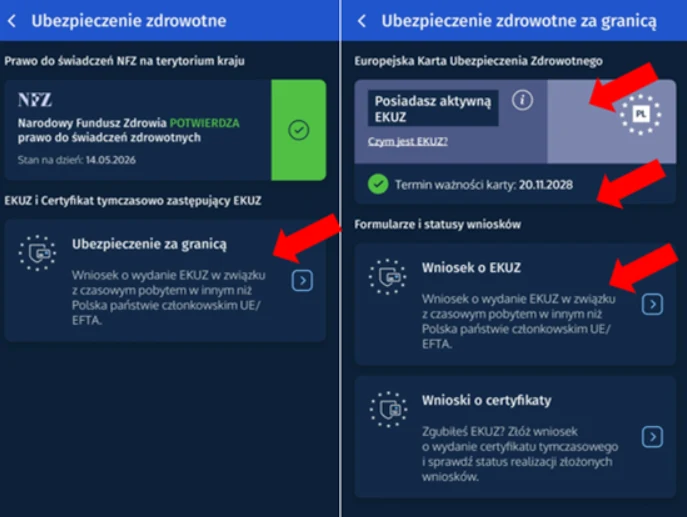 Ekran aplikacji mobilnej prezentujący szczegóły dotyczące ubezpieczenia zdrowotnego, z kolorowymi wskaźnikami statusu NFZ oraz aktywnej karty EKUZ, datą ważności oraz sekcjami dotyczącymi wniosku o wydanie EKUZ i certyfikatów, wskazywanymi przez czerwo...