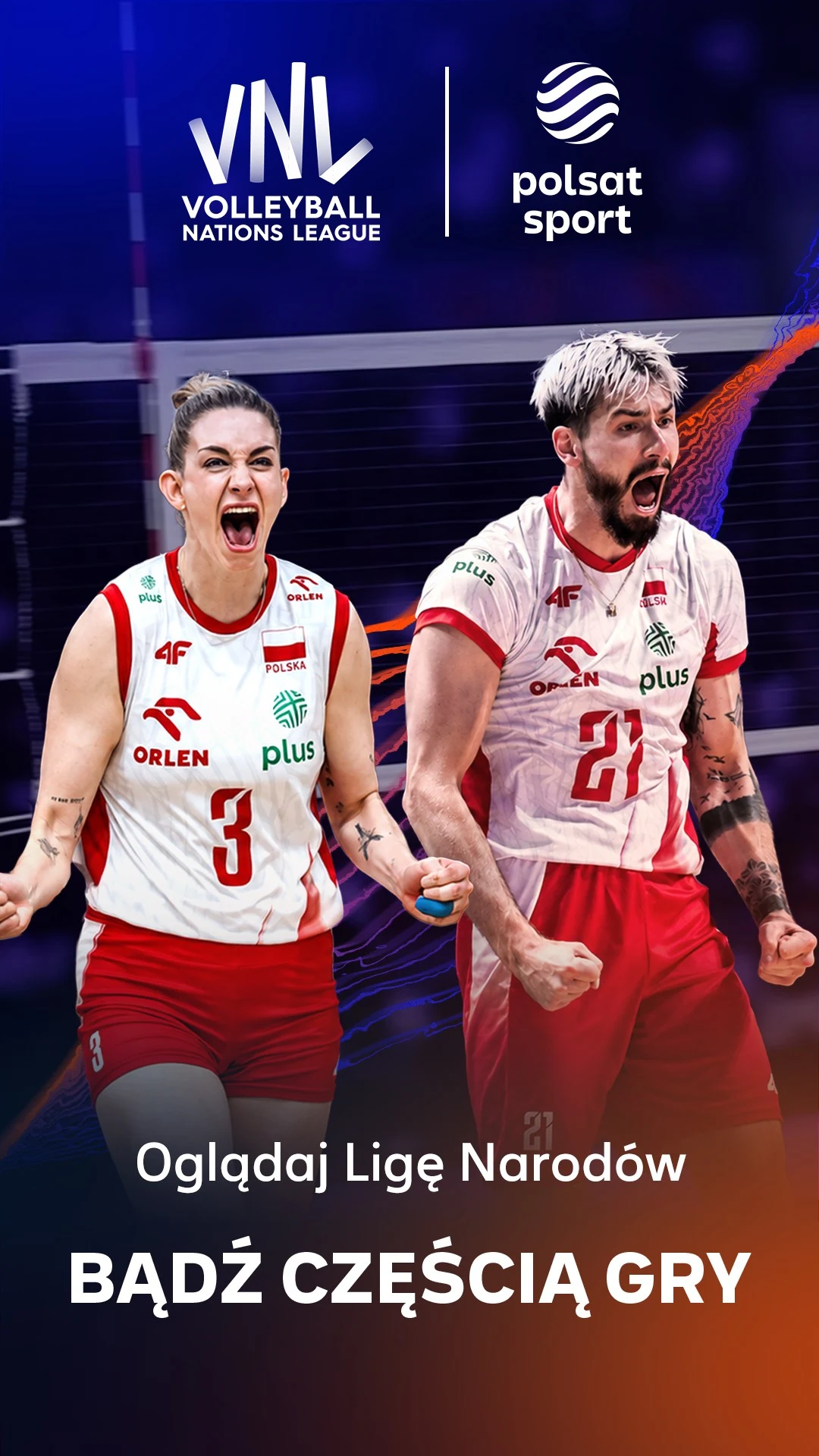 Dwoje siatkarek w biało-czerwonych strojach z logo Orlen oraz Plus, wyrażających silne emocje na boisku podczas meczu Ligi Narodów, w tle siatka i dynamiczna, sportowa atmosfera.