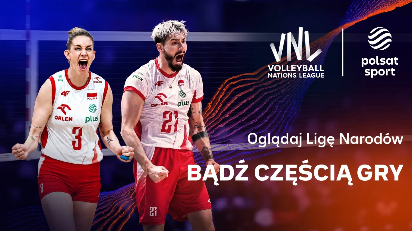 Dwójka polskich siatkarzy w biało-czerwonych strojach wyraża silne emocje podczas meczu, na tle dynamicznej grafiki promującej Ligę Narodów oraz logo Polsat Sport.