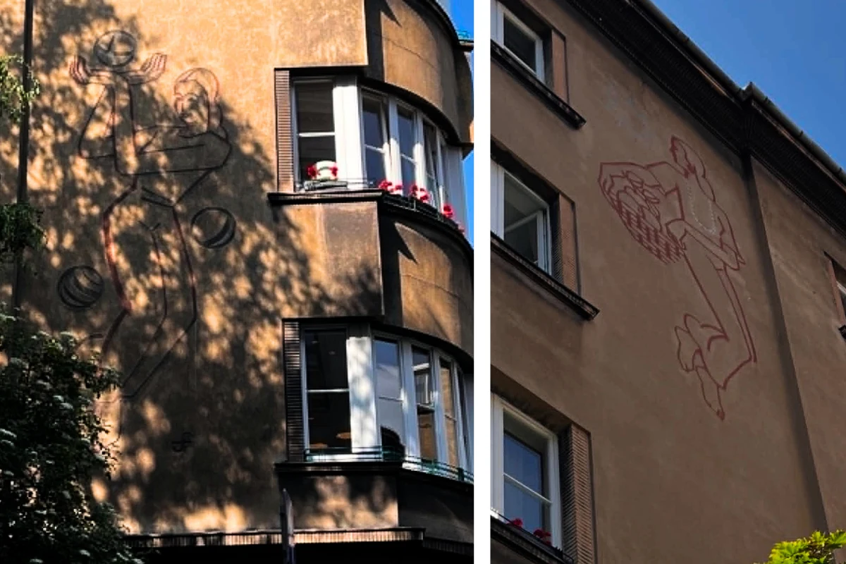 Rysunki postaci ludzkich na elewacjach budynków modernistycznych, z widocznymi oknami o zaokrąglonych i prostych kształtach; jedna postać przedstawia osobę żonglującą, a druga osobę z gazetami w dłoniach.