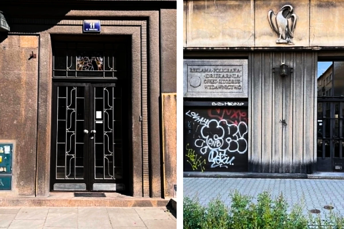 Dwa wejścia do budynków w stylu modernistycznym, po lewej czarne drzwi z geometrycznym wzorem i niebieską tabliczką z numerem 11, po prawej wejście ozdobione płaskorzeźbą pelikana oraz tablicą informacyjną, fasada częściowo pokryta graffiti.