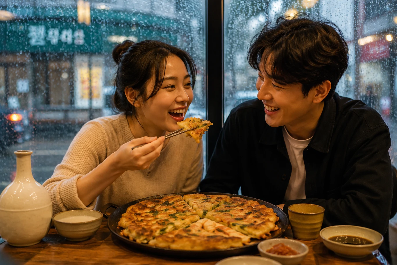 W Korei Południowej pajeon i makgeolli od lat kojarzą się z deszczowymi dniami Para siedzi przy stole w restauracji, dzieląc się uśmiechami podczas wspólnego jedzenia pizzy i próbowania różnych przystawek.