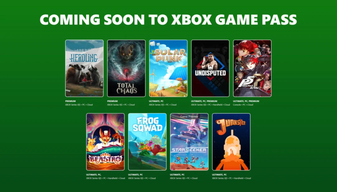 Okładki dziewięciu gier zapowiadanych na platformę Xbox Game Pass przedstawione na zielonym tle z białym napisem promocyjnym u góry; każdy tytuł oznaczony własną grafiką oraz informacją o dostępności na różnych urządzeniach.