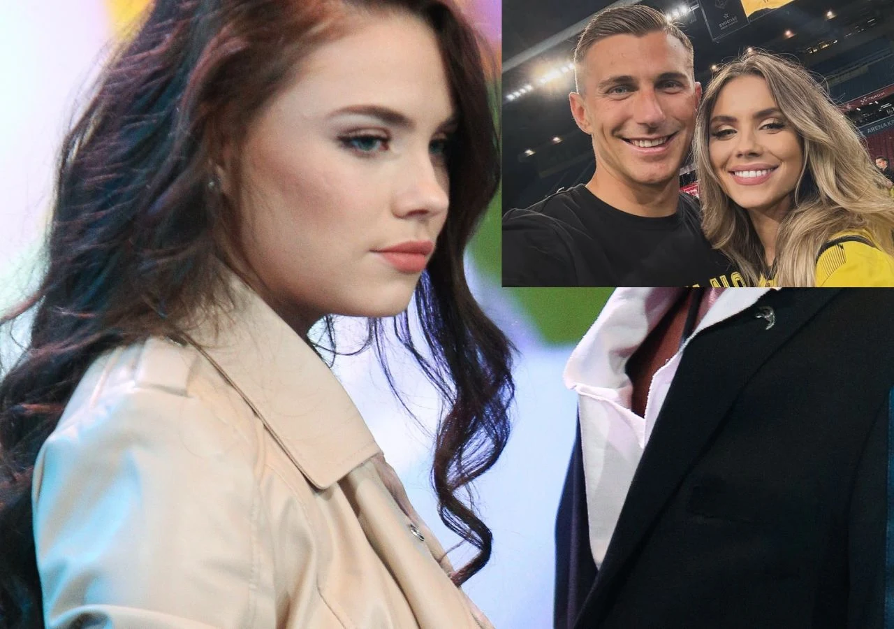 Agata Buczkowska i Daniel Mikołajewski Młoda kobieta z długimi, ciemnymi włosami patrząca w bok, ubrana w jasny płaszcz; w prawym górnym rogu zdjęcie pary uśmiechniętych ludzi pozujących razem na stadionie.